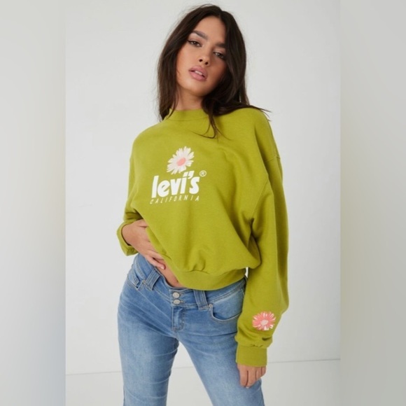 LEVI’S Sz L Vintage Crewneck  Flower Motif Pull On Cropped Sweatshirt Top NEW - Picture 1 of 12